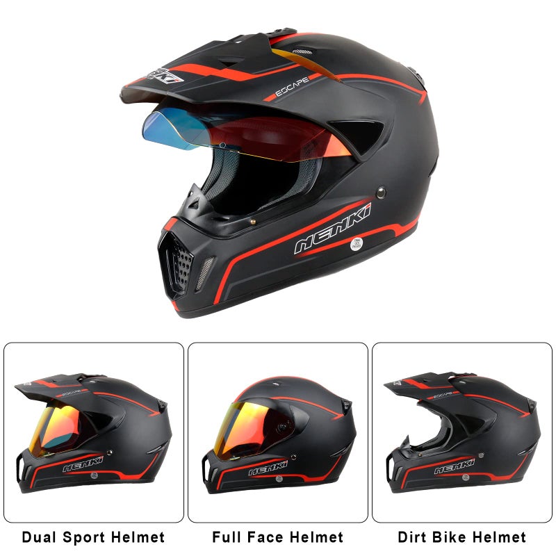 NENKI Dual Sport Helmet Motocross Helmet Dirt Bike Helmet ATV Helmet for Men Full Face Motorcycle Helmets MX UTV Off Road Helmet with Visor DOT Approved Women Adults (Large,Matte Black & Red) - Image 3